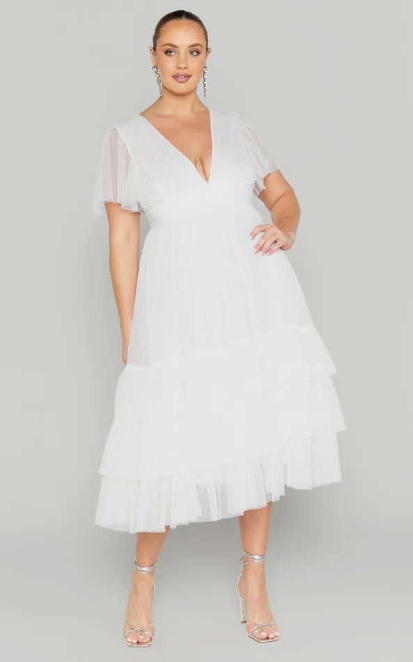 Showpo Jiraye Midi Dress 8211 Flutter Sleeve Tuelle Plunge Dress In White Women Curve Clothes