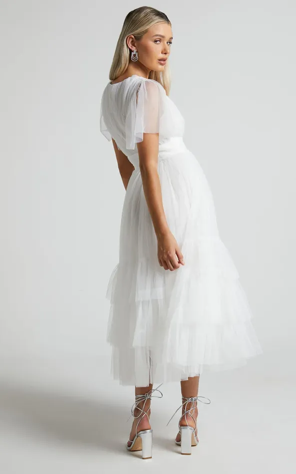 Showpo Jiraye Midi Dress 8211 Flutter Sleeve Tuelle Plunge Dress In White Women Curve Clothes