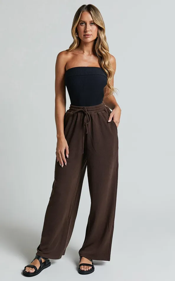 Showpo Joan Pants 8211 High Waisted Ribbed Jersey Straight Leg Pants In Chocolate Women Pants