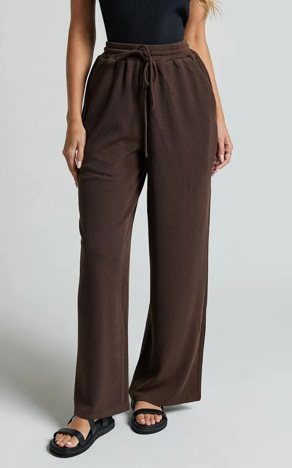 Showpo Joan Pants 8211 High Waisted Ribbed Jersey Straight Leg Pants In Chocolate Women Pants