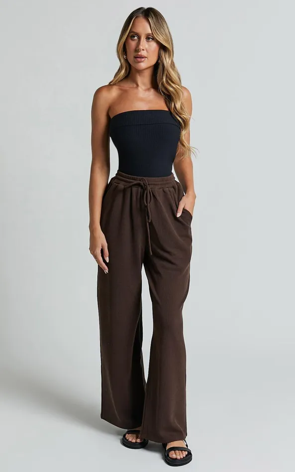 Showpo Joan Pants 8211 High Waisted Ribbed Jersey Straight Leg Pants In Chocolate Women Pants