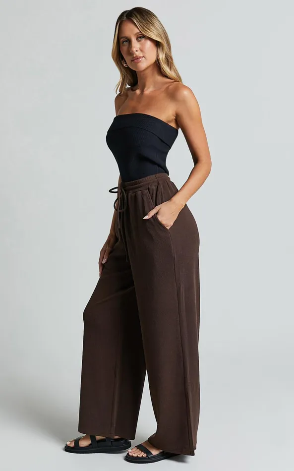 Showpo Joan Pants 8211 High Waisted Ribbed Jersey Straight Leg Pants In Chocolate Women Pants