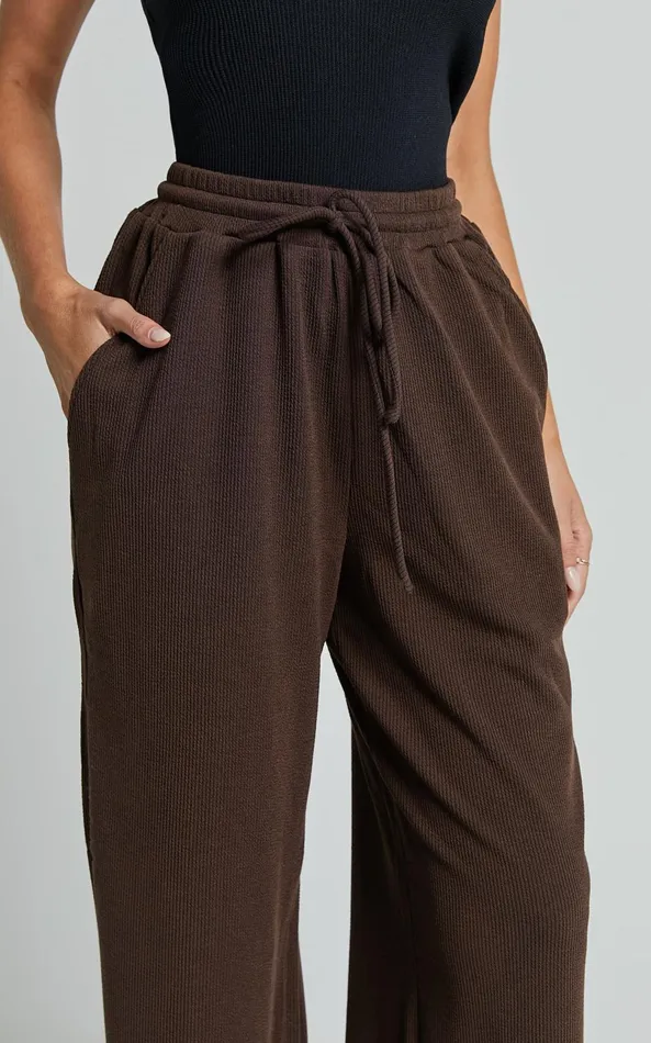 Showpo Joan Pants 8211 High Waisted Ribbed Jersey Straight Leg Pants In Chocolate Women Pants