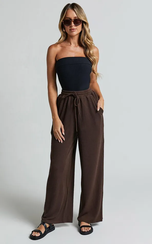 Showpo Joan Pants 8211 High Waisted Ribbed Jersey Straight Leg Pants In Chocolate Women Pants