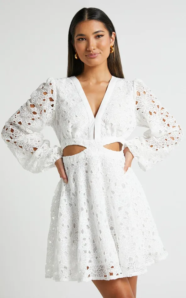 Showpo Jodee Mini Dress 8211 Long Sleeve V Neck Broderie Dress In White Women Dresses