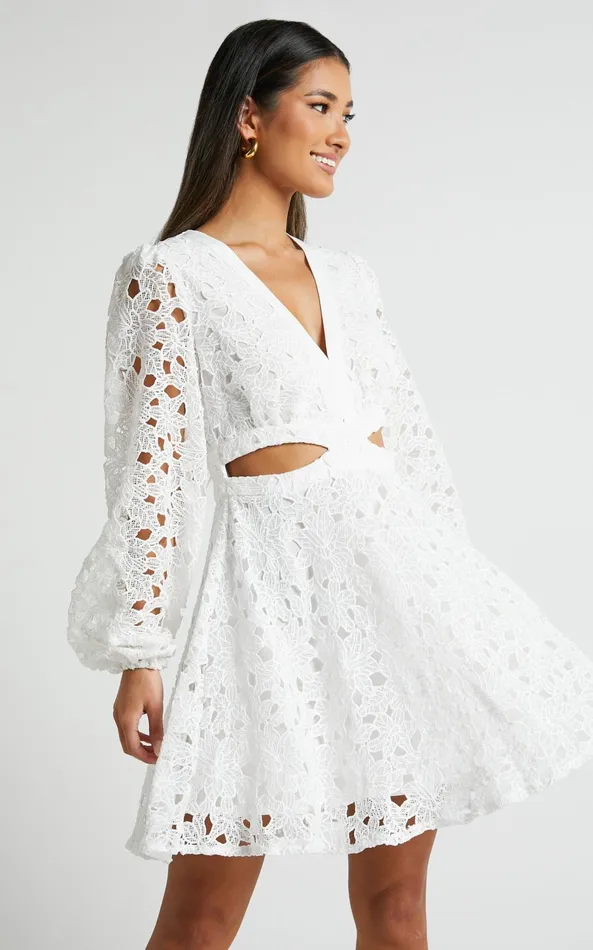Showpo Jodee Mini Dress 8211 Long Sleeve V Neck Broderie Dress In White Women Dresses