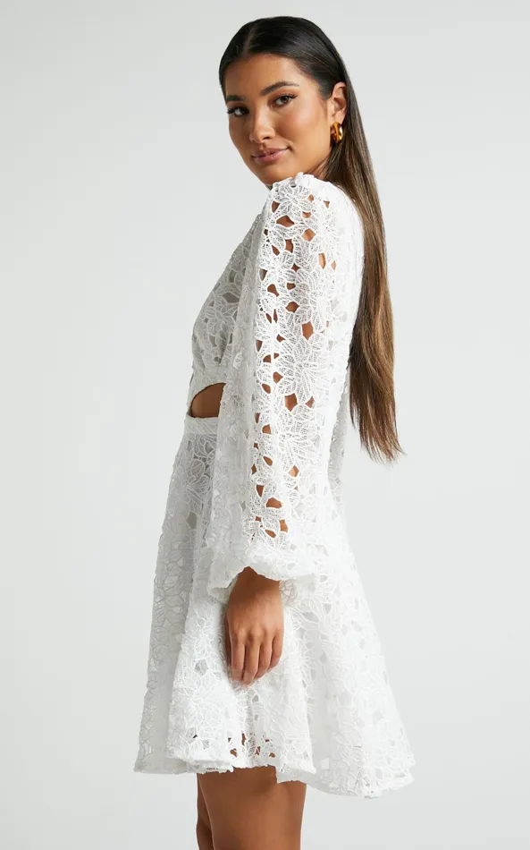 Showpo Jodee Mini Dress 8211 Long Sleeve V Neck Broderie Dress In White Women Dresses