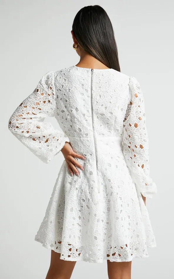 Showpo Jodee Mini Dress 8211 Long Sleeve V Neck Broderie Dress In White Women Dresses