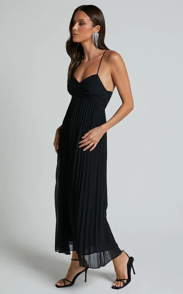 Showpo Jodie Midi Dress 8211 Pleated Chiffon Ruched Bust Midi Dress In Black Women Dresses