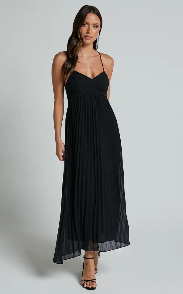 Showpo Jodie Midi Dress 8211 Pleated Chiffon Ruched Bust Midi Dress In Black Women Dresses