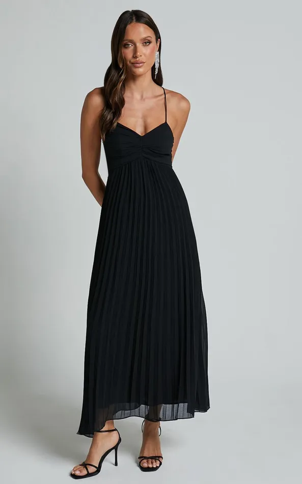 Showpo Jodie Midi Dress 8211 Pleated Chiffon Ruched Bust Midi Dress In Black Women Dresses