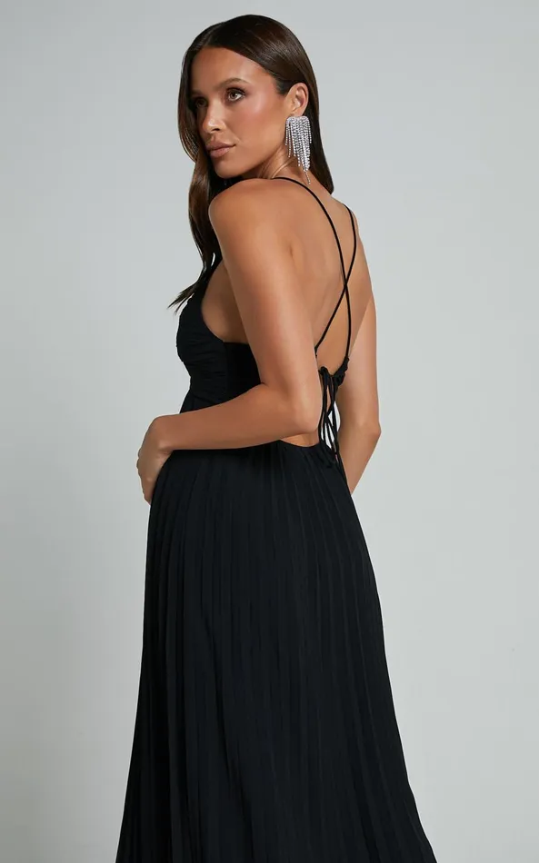 Showpo Jodie Midi Dress 8211 Pleated Chiffon Ruched Bust Midi Dress In Black Women Dresses