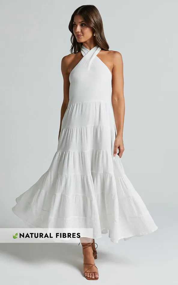 Showpo Jodilou Midi Dress 8211 Halter Tiered Dress In White Women Dresses