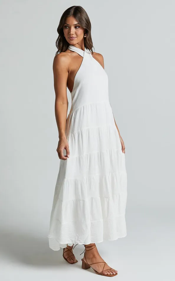 Showpo Jodilou Midi Dress 8211 Halter Tiered Dress In White Women Dresses