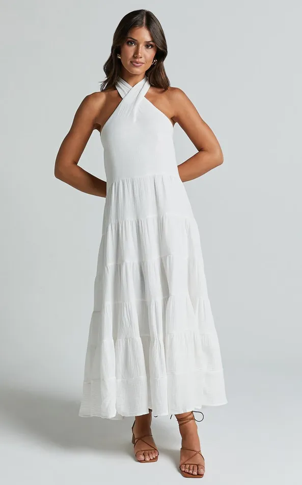 Showpo Jodilou Midi Dress 8211 Halter Tiered Dress In White Women Dresses