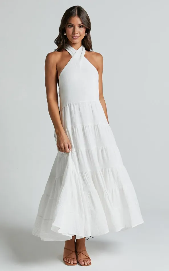 Showpo Jodilou Midi Dress 8211 Halter Tiered Dress In White Women Dresses