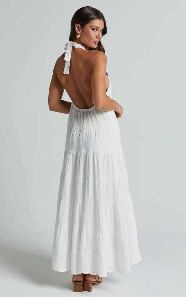 Showpo Jodilou Midi Dress 8211 Halter Tiered Dress In White Women Dresses
