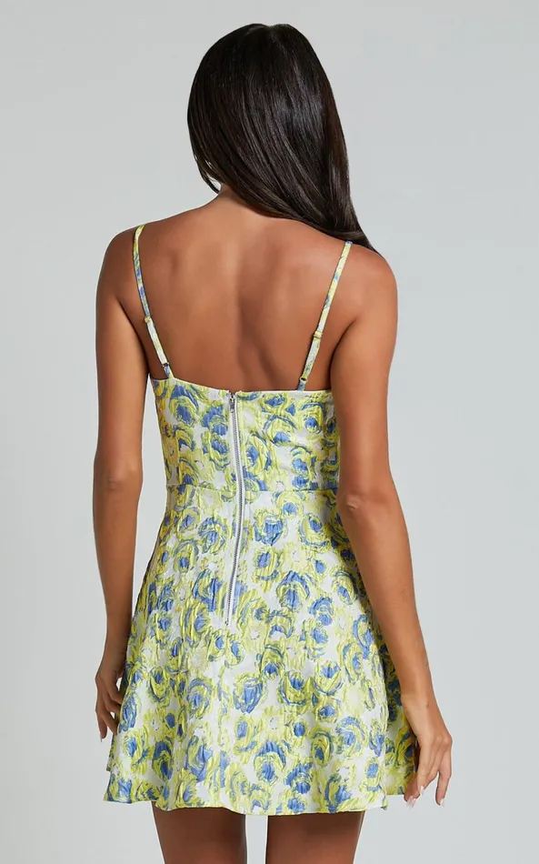 Showpo Jody Mini Dress 8211 Jacquard Skater Dress In Blue And White Floral Women Dresses