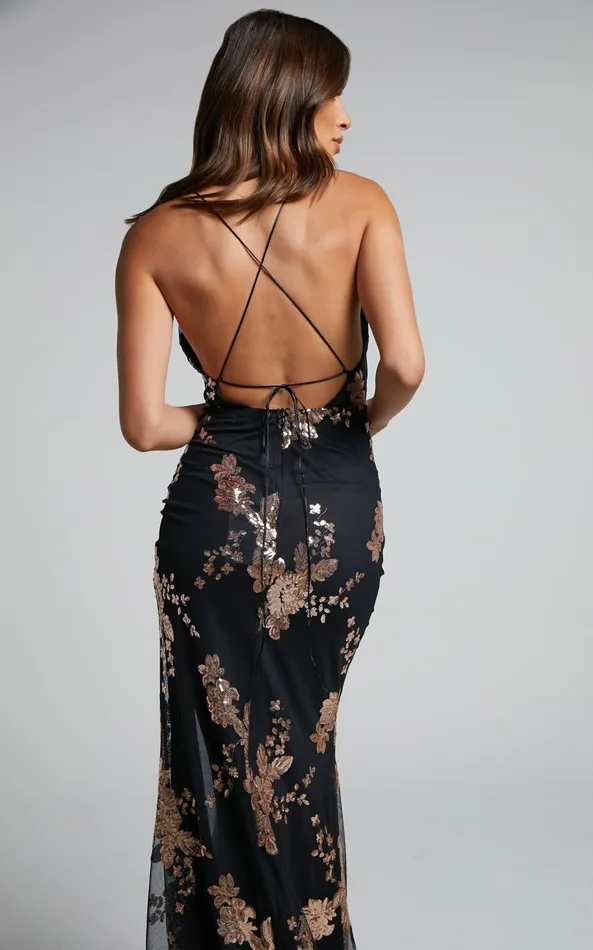 Showpo Joemelyn Maxi Dress 8211 Floral Embellished Sequin Halter Cross Back Dress In Black Gold Women Dresses