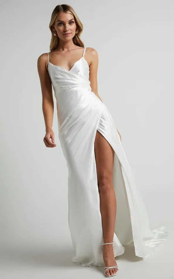 Showpo Joesa Bridal Gown 8211 Split V Neck Fixed Wrap Gown In White Women Dresses