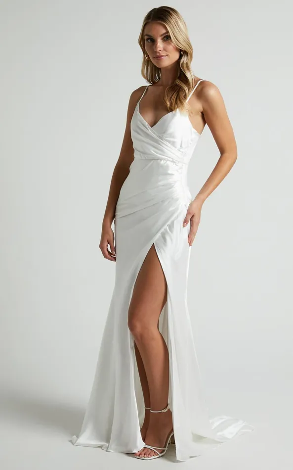 Showpo Joesa Bridal Gown 8211 Split V Neck Fixed Wrap Gown In White Women Dresses