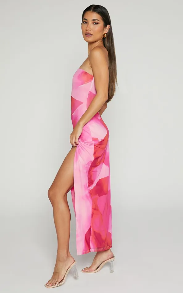 Showpo Johanne Midi Dress 8211 Side Slit Bodycon Dress In Pink Blur Print Women Dresses