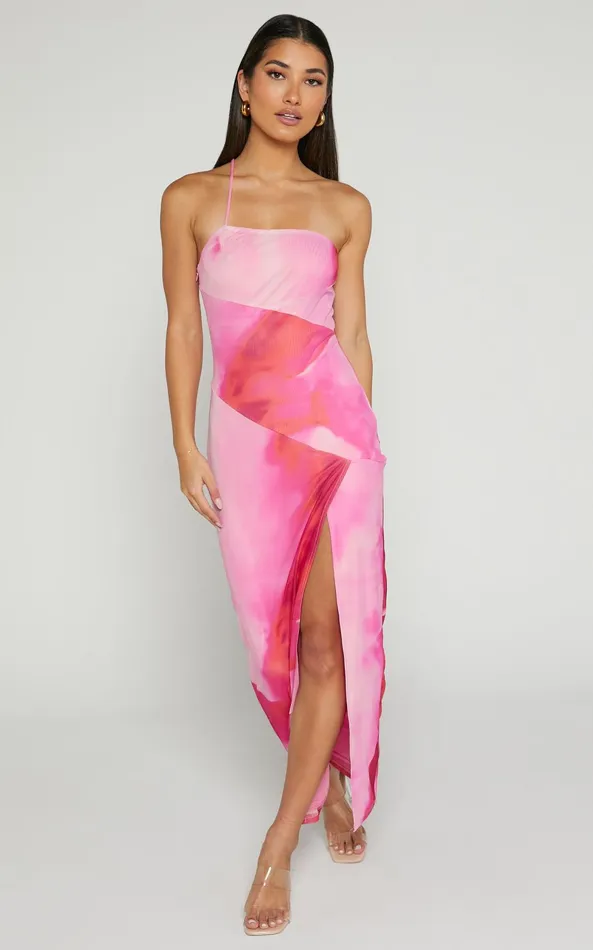 Showpo Johanne Midi Dress 8211 Side Slit Bodycon Dress In Pink Blur Print Women Dresses
