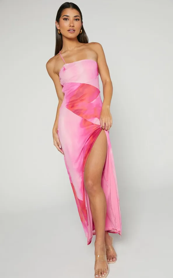Showpo Johanne Midi Dress 8211 Side Slit Bodycon Dress In Pink Blur Print Women Dresses