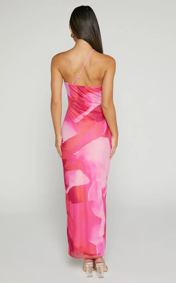 Showpo Johanne Midi Dress 8211 Side Slit Bodycon Dress In Pink Blur Print Women Dresses