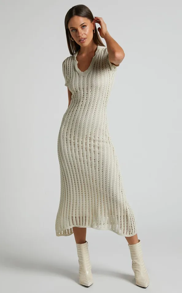 Showpo Jolie Midi Dress 8211 Crochet Collared Short Sleeve Dress In Cream Women Dresses Showpo Jolie Midi Dress 8211 Crochet Collared Short Sleeve Dress In Cream Women Dresses