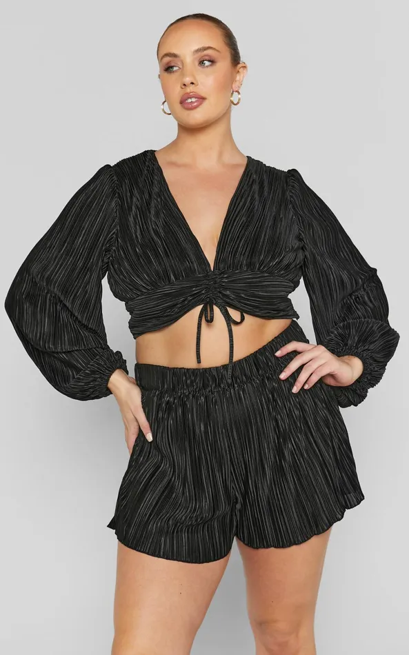 Showpo Jondra Blouse 8211 Ruched Front Long Sleeve Plisse Blouse In Black Women Curve Clothes