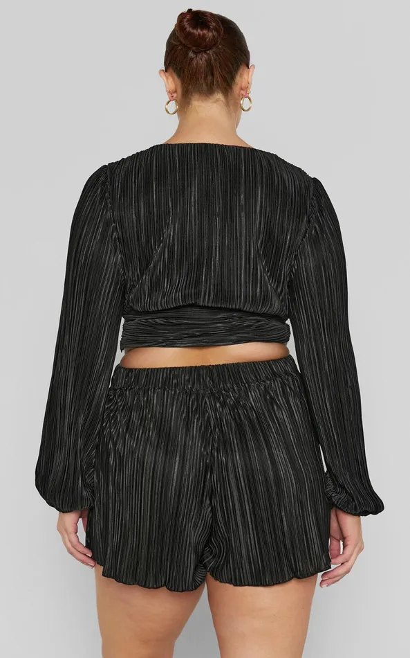 Showpo Jondra Blouse 8211 Ruched Front Long Sleeve Plisse Blouse In Black Women Curve Clothes