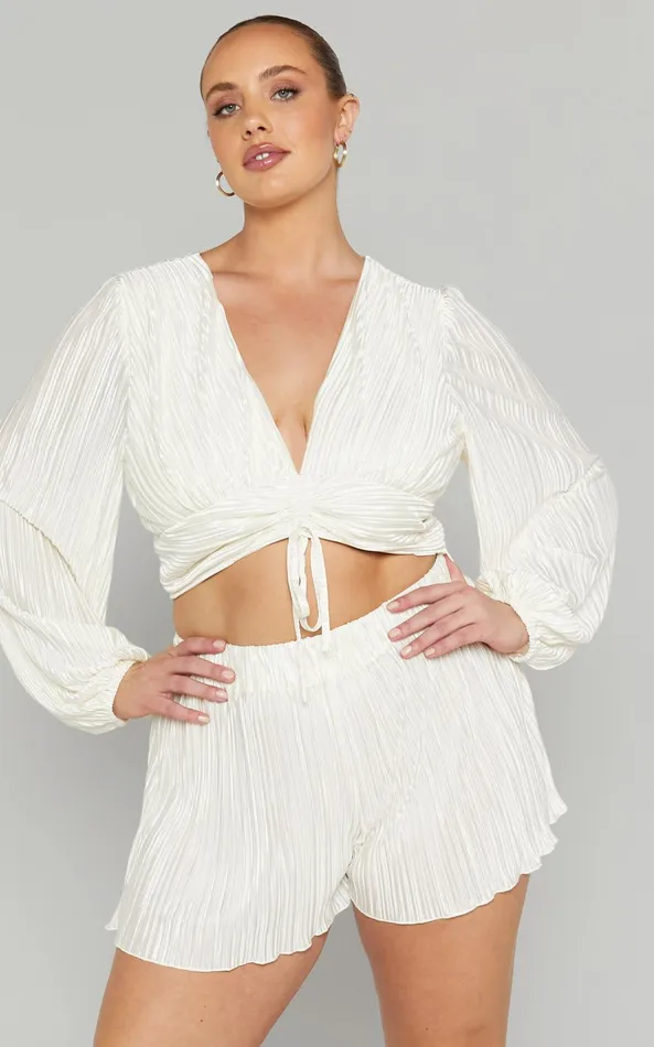Showpo Jondra Blouse 8211 Ruched Front Long Sleeve Plisse Blouse In Cream Women Curve Clothes