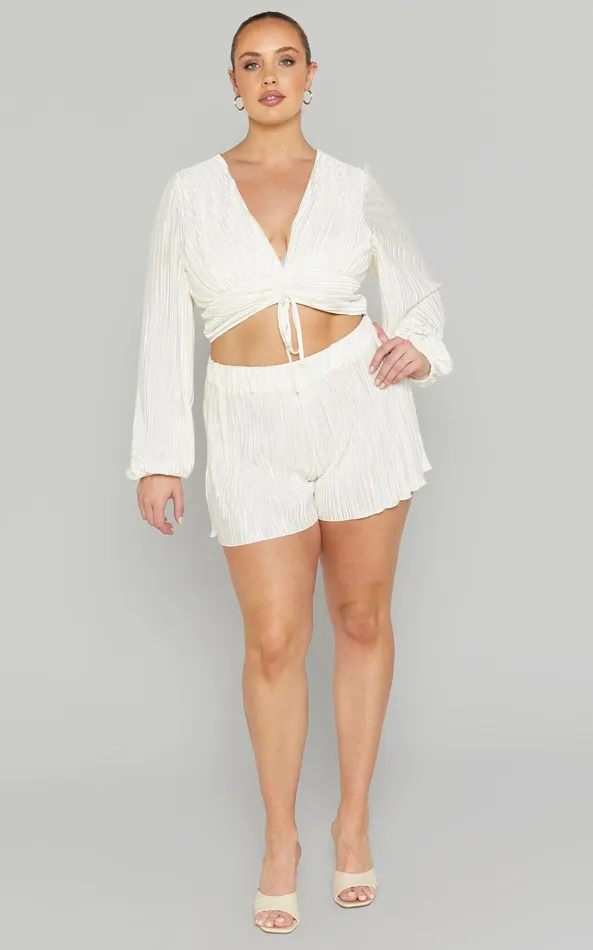 Showpo Jondra Blouse 8211 Ruched Front Long Sleeve Plisse Blouse In Cream Women Curve Clothes