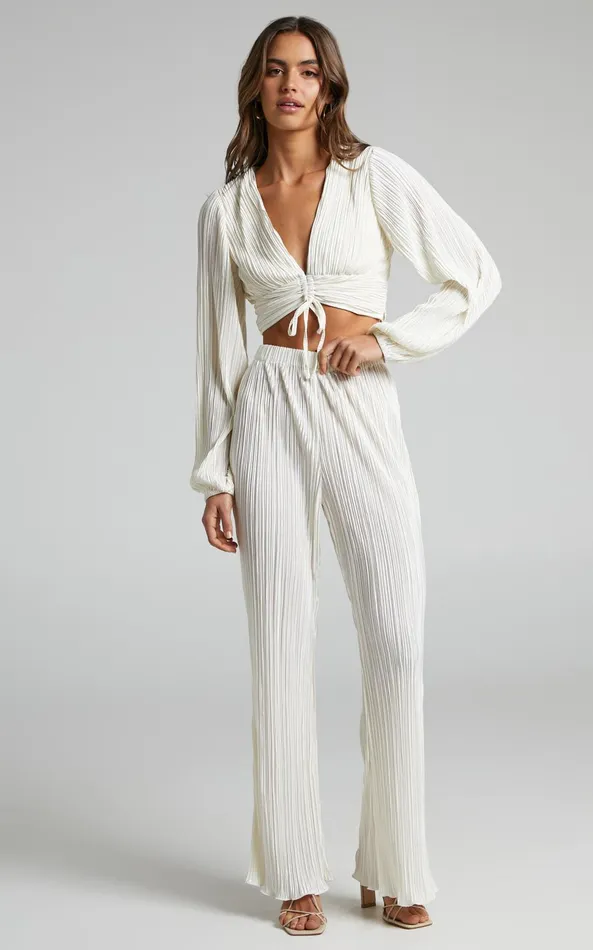 Showpo Jondra Blouse 8211 Ruched Front Long Sleeve Plisse Blouse In Cream Women Curve Clothes