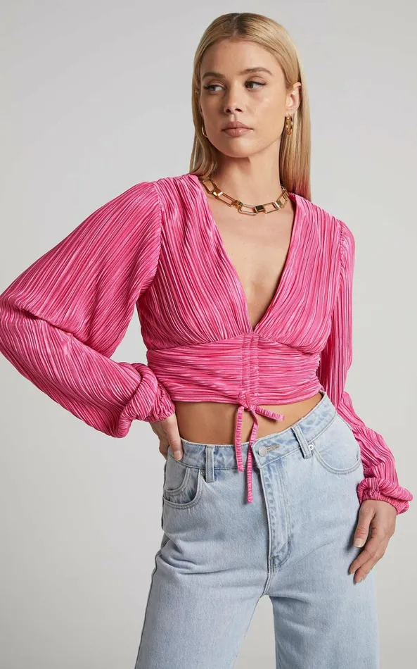 Showpo Jondra Blouse 8211 Ruched Front Long Sleeve Plisse Blouse In Pink Women Tops Showpo Jondra Blouse 8211 Ruched Front Long Sleeve Plisse Blouse In Pink Women Tops