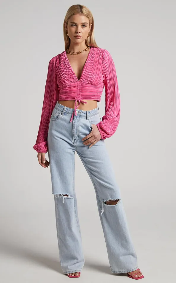 Showpo Jondra Blouse 8211 Ruched Front Long Sleeve Plisse Blouse In Pink Women Tops