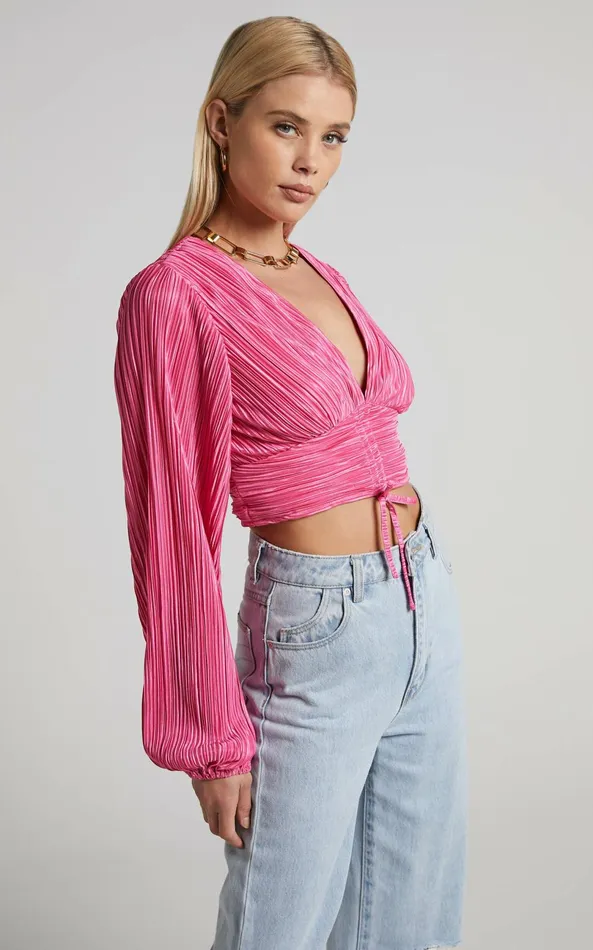 Showpo Jondra Blouse 8211 Ruched Front Long Sleeve Plisse Blouse In Pink Women Tops