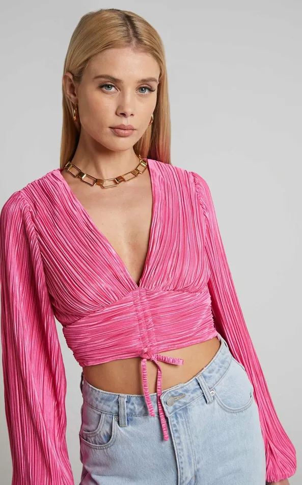 Showpo Jondra Blouse 8211 Ruched Front Long Sleeve Plisse Blouse In Pink Women Tops