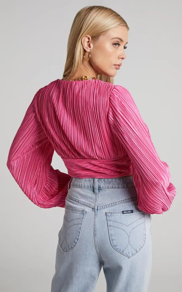 Showpo Jondra Blouse 8211 Ruched Front Long Sleeve Plisse Blouse In Pink Women Tops