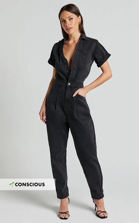 Showpo Jordyn Jumpsuit 8211 Short Sleeve Collared Button Through Denim Jumpsuit In Black Wash Women Denim Showpo Jordyn Jumpsuit 8211 Short Sleeve Collared Button Through Denim Jumpsuit In Black Wash Women Denim