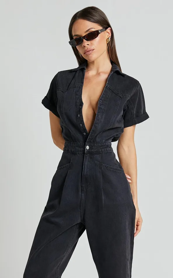 Showpo Jordyn Jumpsuit 8211 Short Sleeve Collared Button Through Denim Jumpsuit In Black Wash Women Denim