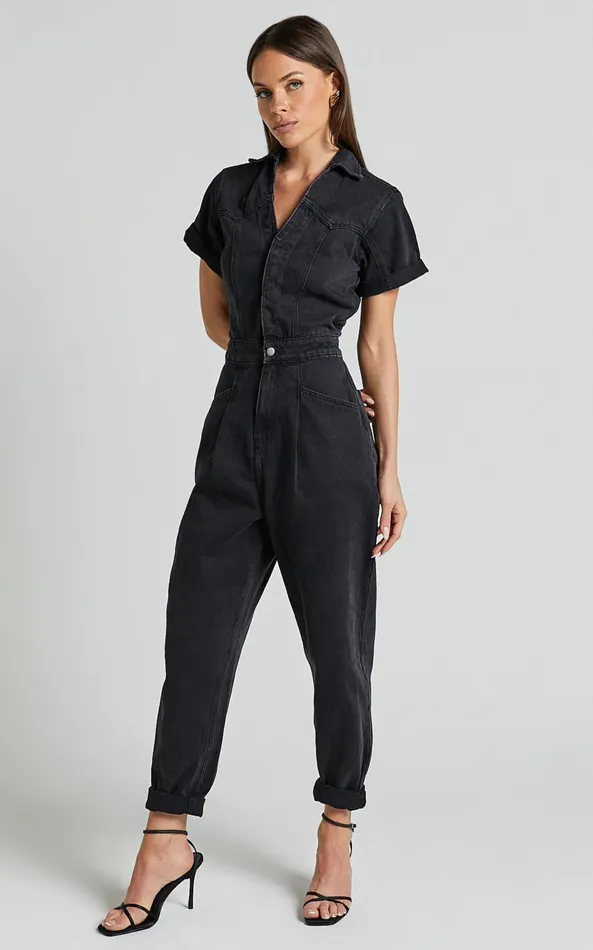 Showpo Jordyn Jumpsuit 8211 Short Sleeve Collared Button Through Denim Jumpsuit In Black Wash Women Denim