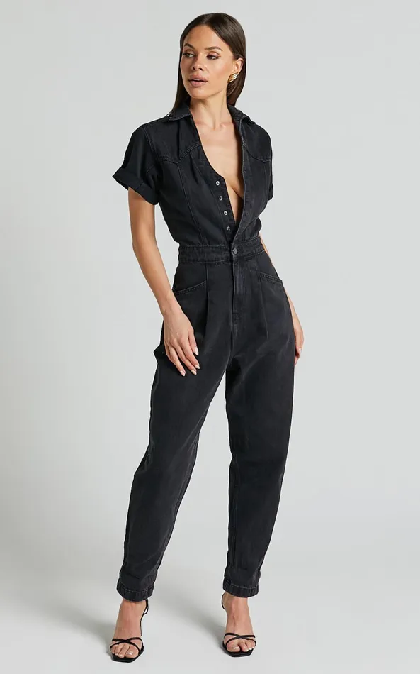Showpo Jordyn Jumpsuit 8211 Short Sleeve Collared Button Through Denim Jumpsuit In Black Wash Women Denim