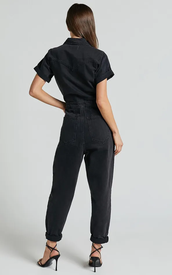 Showpo Jordyn Jumpsuit 8211 Short Sleeve Collared Button Through Denim Jumpsuit In Black Wash Women Denim