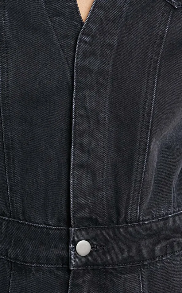 Showpo Jordyn Jumpsuit 8211 Short Sleeve Collared Button Through Denim Jumpsuit In Black Wash Women Denim