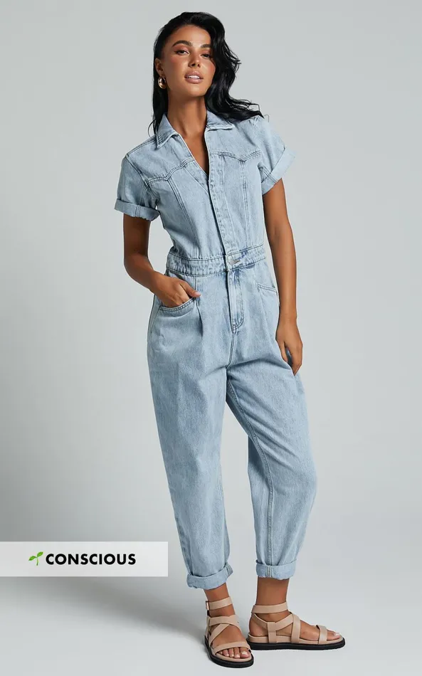 Showpo Jordyn Jumpsuit 8211 Short Sleeve Collared Button Through Denim Jumpsuit In Light Blue Women Denim Showpo Jordyn Jumpsuit 8211 Short Sleeve Collared Button Through Denim Jumpsuit In Light Blue Women Denim