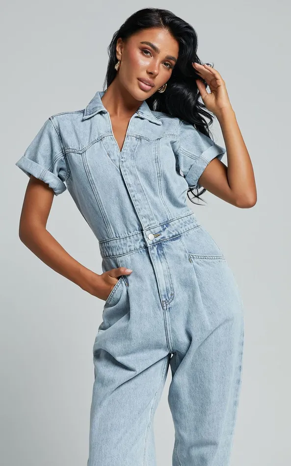 Showpo Jordyn Jumpsuit 8211 Short Sleeve Collared Button Through Denim Jumpsuit In Light Blue Women Denim