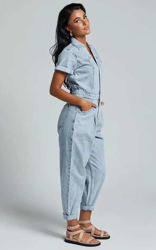 Showpo Jordyn Jumpsuit 8211 Short Sleeve Collared Button Through Denim Jumpsuit In Light Blue Women Denim
