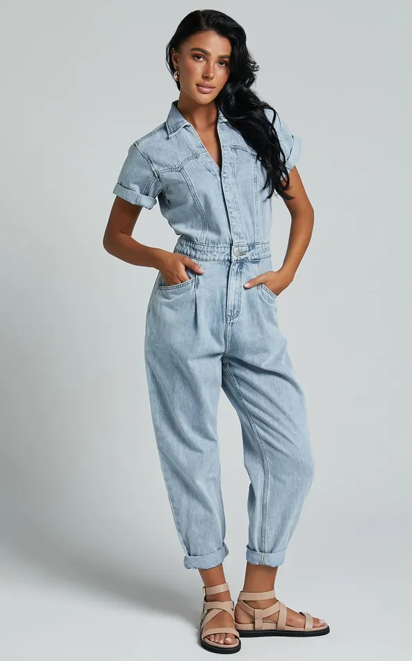 Showpo Jordyn Jumpsuit 8211 Short Sleeve Collared Button Through Denim Jumpsuit In Light Blue Women Denim